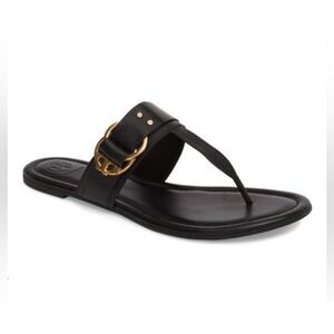 Tory Burch Marsden Sandals Black Leather Thong Gold Logo Hardware‎ Sz 7